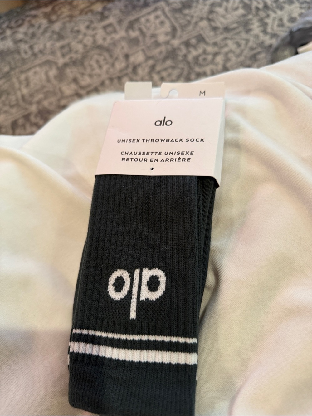 ALO Yoga Black Crew Socks with White Logo and Double Stripe